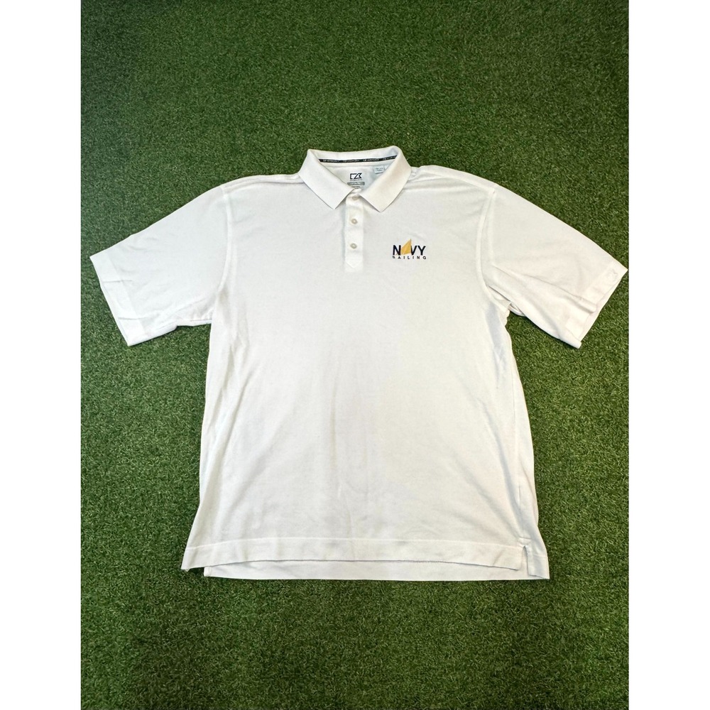 Cutter‎ & Buck Cb Drytec Polo Shirt Mens 2XL White Navy Sailing Logo Comfortable